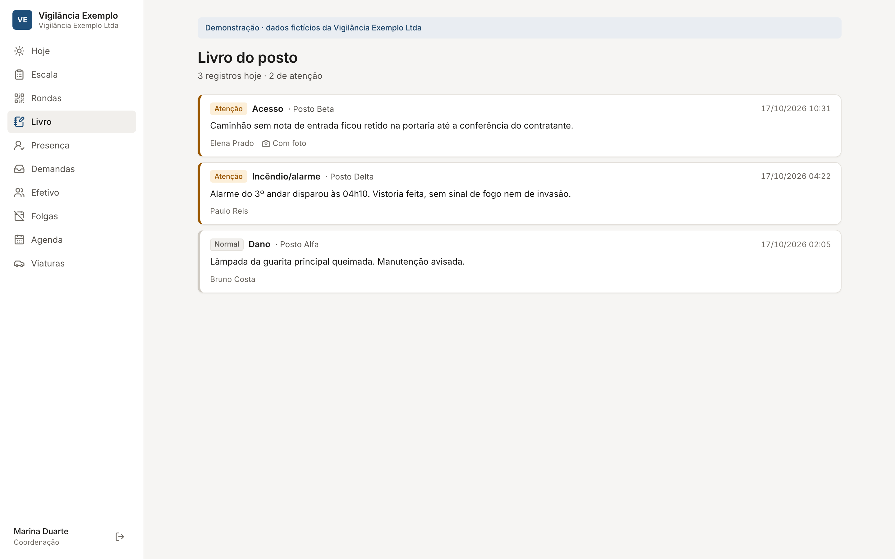 Livro de ocorrências do posto