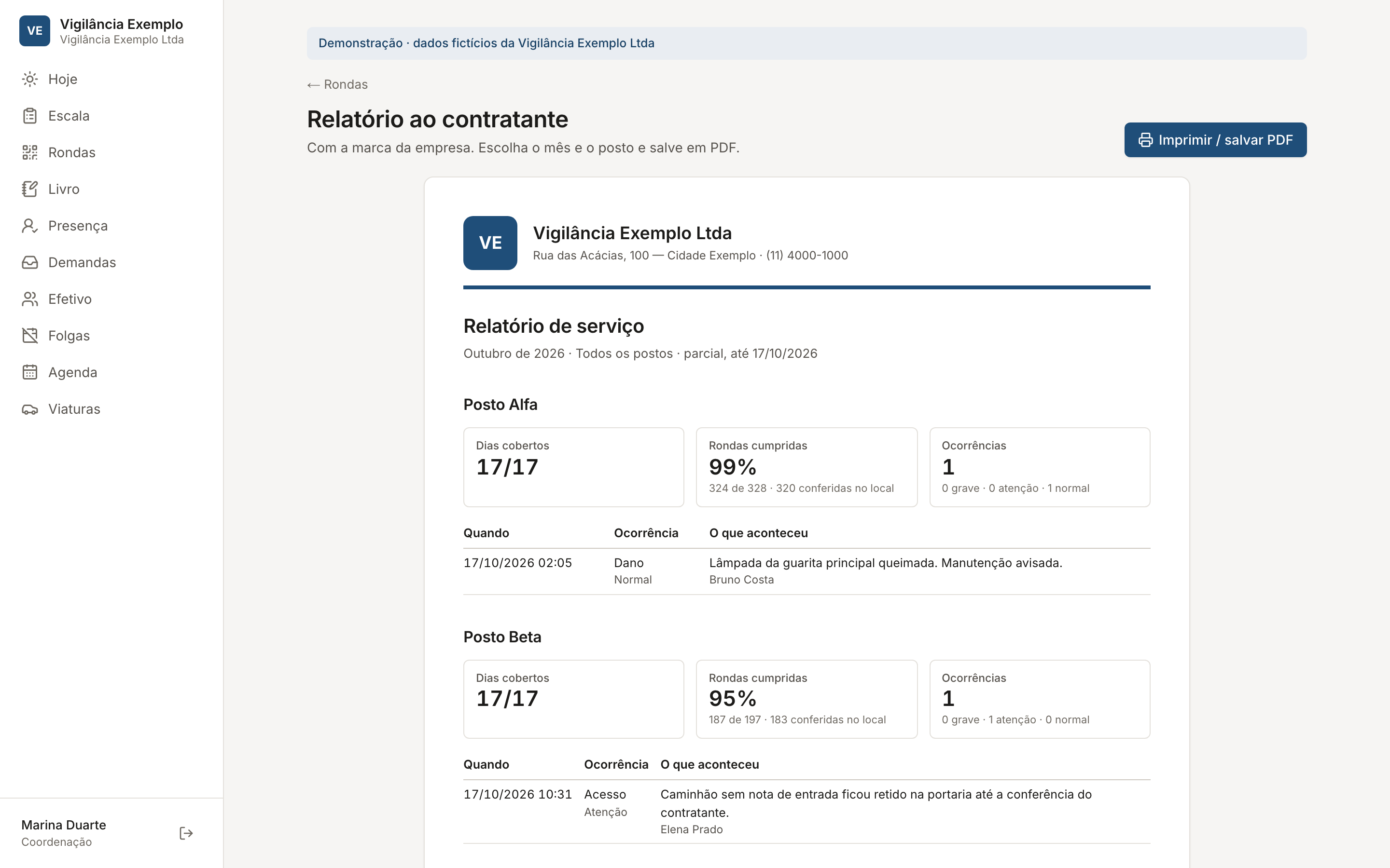 Relatório mensal para o contratante, com a marca da empresa