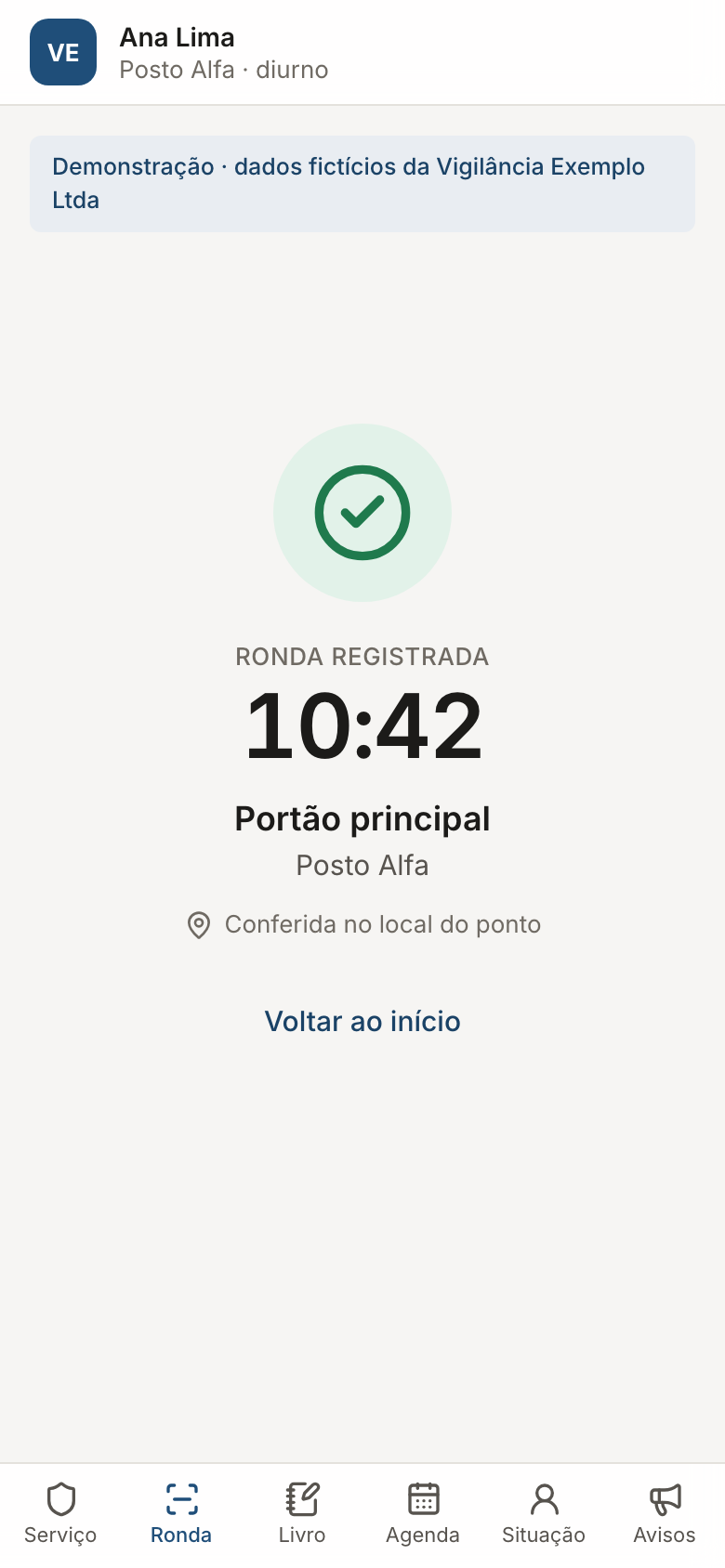 Celular do vigilante confirmando a passagem pelo ponto de ronda